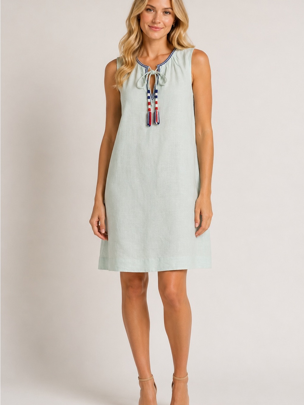PEPIN 100% Linen Mint Shift Dress Beaded Tie Neck Mini Dress 25705